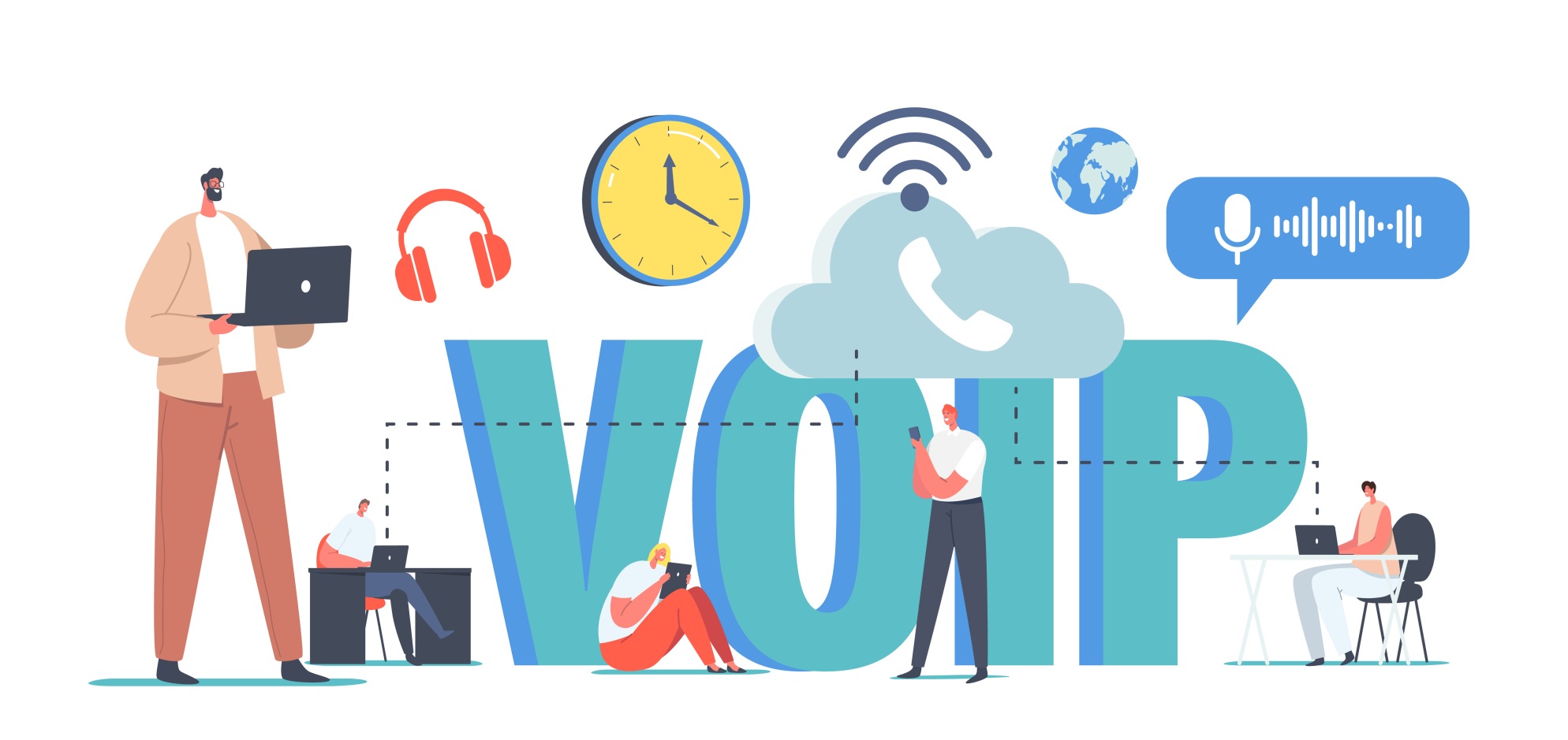 VOIP Technology, Voice over IP Concept. Characters Use Telephony, Telecommunication System, Telephone Communication